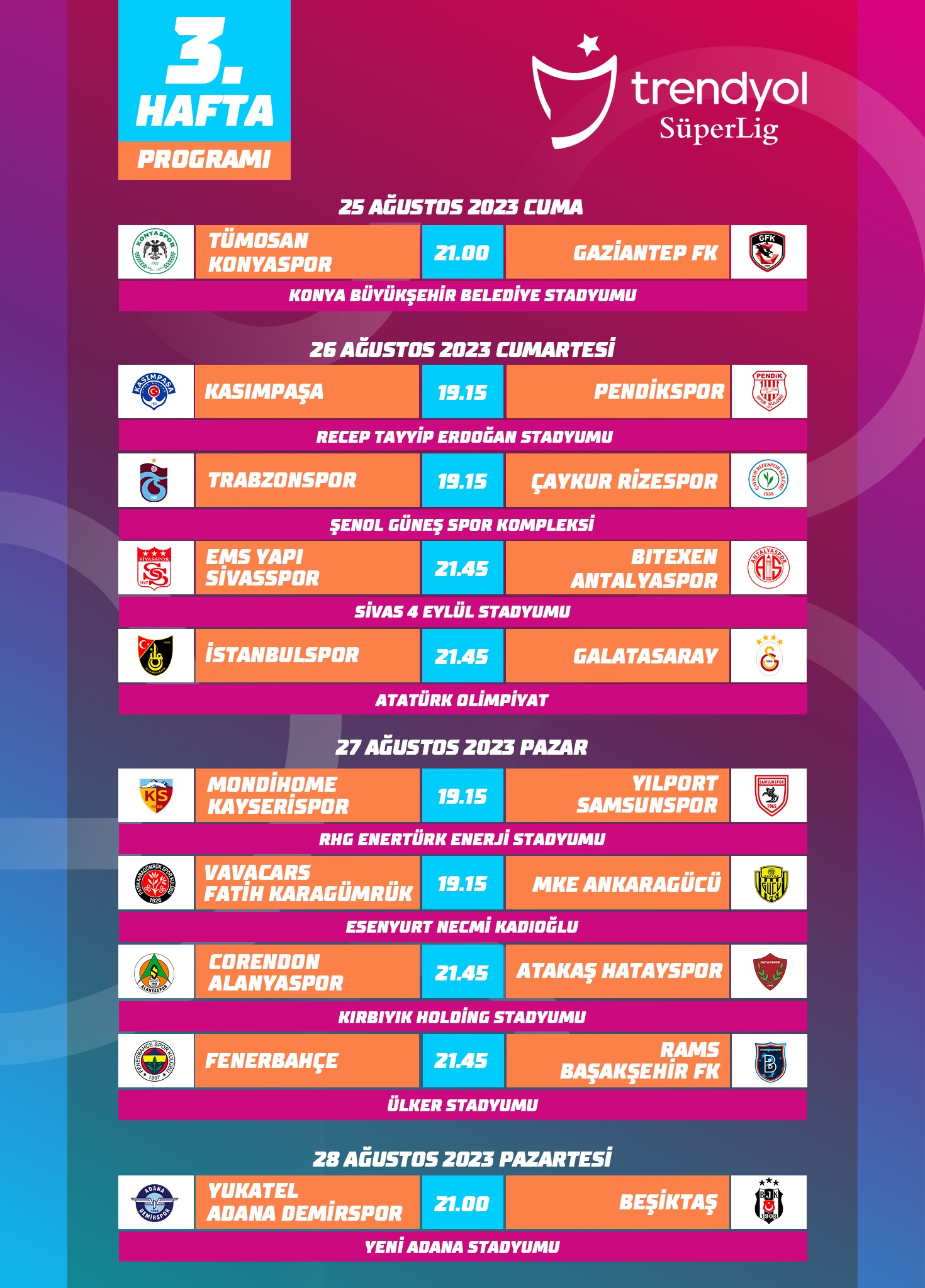 Trendyol Süper Lig'de 3. hafta programı