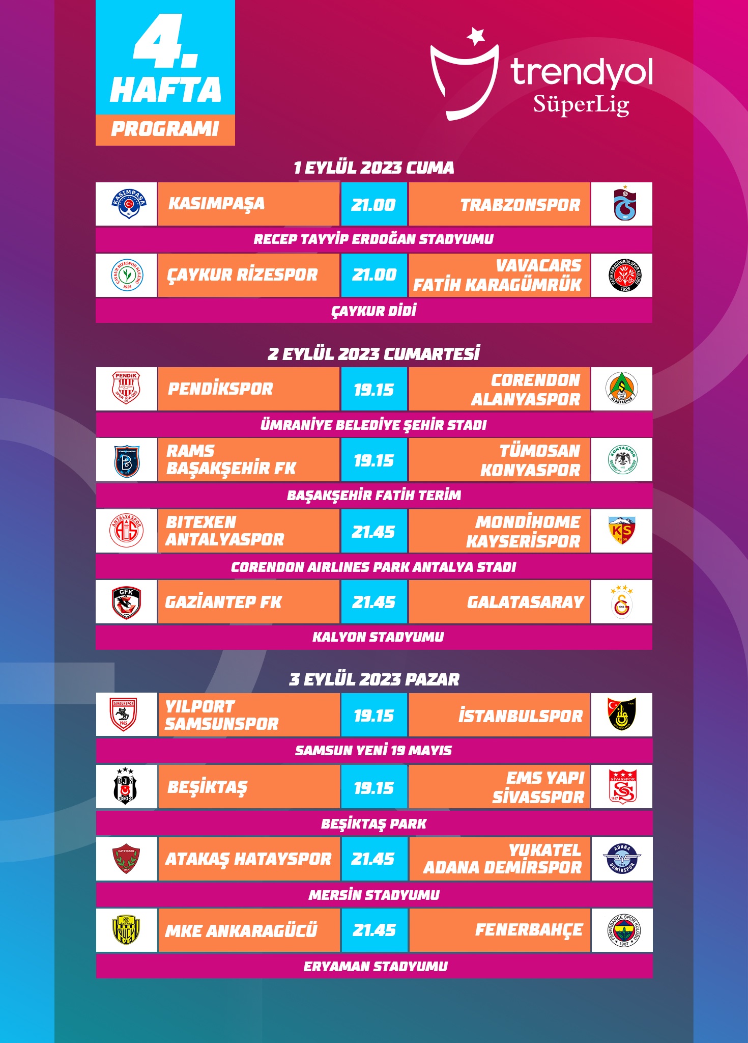 Trendyol Süper Lig'de 4. hafta programı