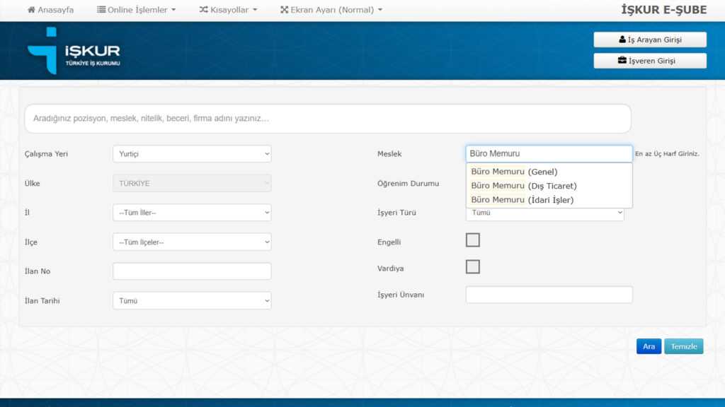 İŞKUR 1650 büro alımı şartları ne kimler başvuru yapabilir, ONLİNE BAŞVURU EKRANI